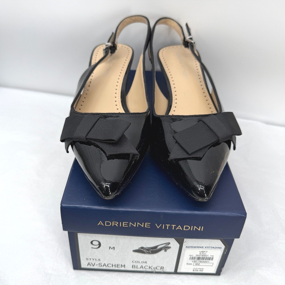 Adrienne Vittadini Sachem Black Patent Bow Slingback Kitten Heels 9M with Box